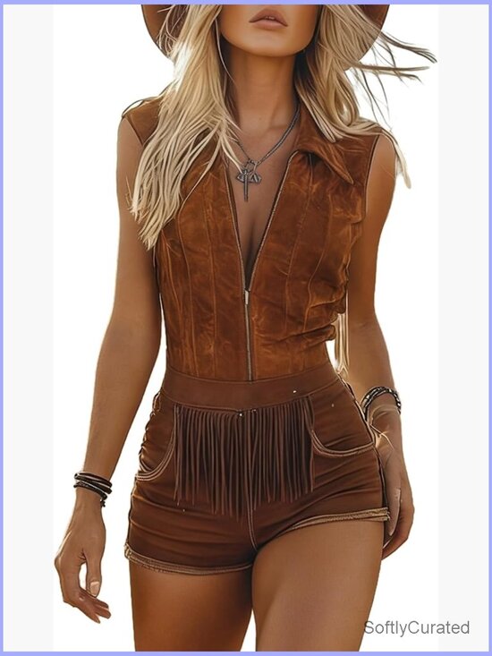 Pants - Suede Tassels Sleeveless Shorts Jumpsuit Trendy Cowgirl Romper